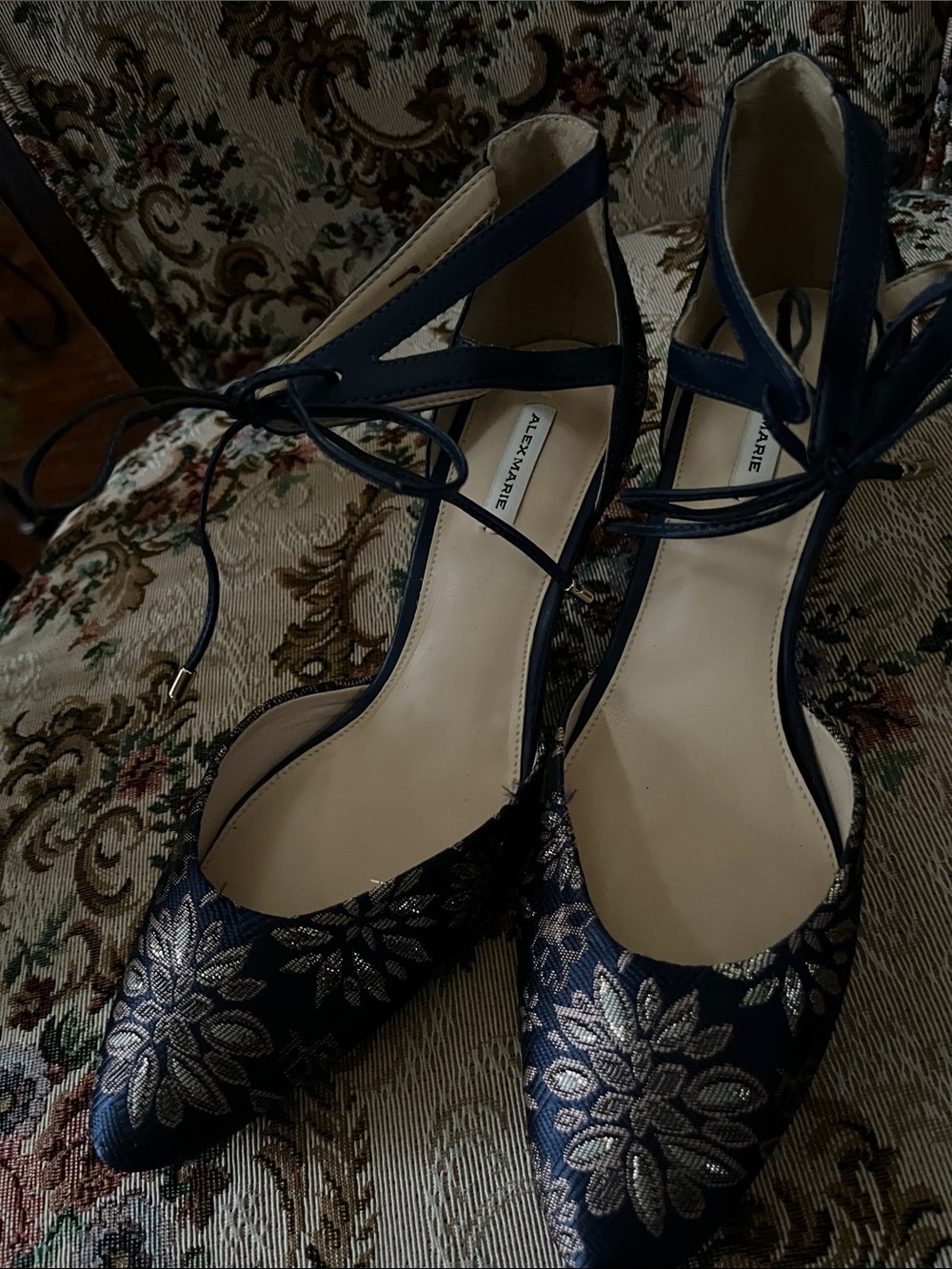 Alex Marie Navy Floral Lace Tie-Ankle Pointed Heels - Picture 2 of 6